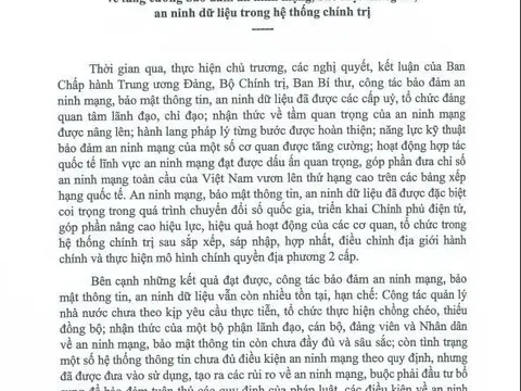 Chỉ thị của Ban Bí Thư về tăng cường bảo vệ an ninh mạng, bảo mật thông tin, an ninh dữ liệu trong hệ thống chính trị